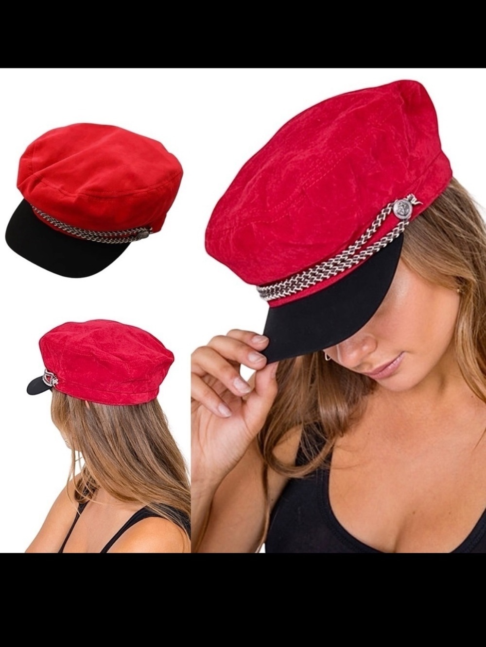 Red Cabbie Hat Silver Braided Rope & Button Accent Detail Chauffeur Cap New!